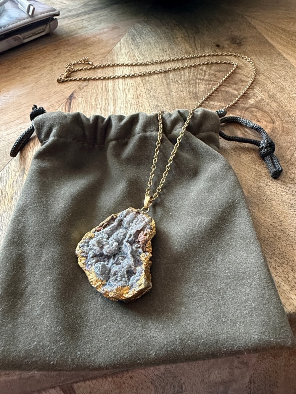 Gold-Trim Druzy Pendant Necklace in Blue-Grey